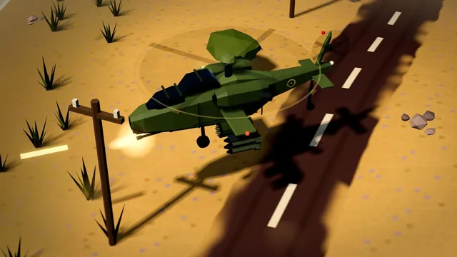 Side-on close-up of the helicopter firing its chain gun