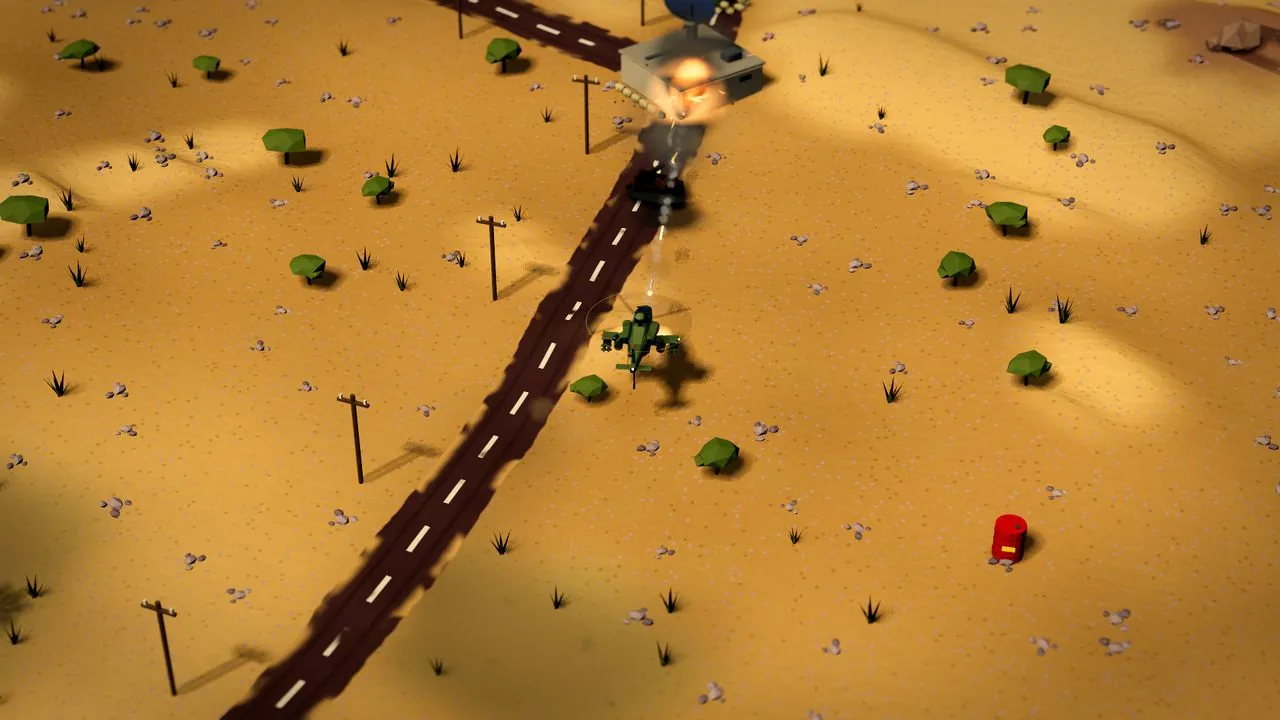 Mission 1 at midday: the helicopter flies along a desert road toward a burning radar station.