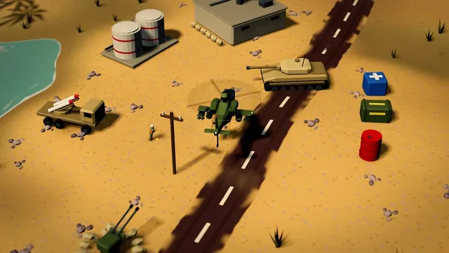 Enemy tank, SAM truck, anti-aircraft gun, bunker and fuel depot around the helicopter, with supply pickups