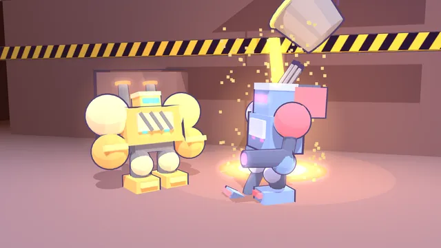 Two mechs in a foundry beside a pour of molten metal