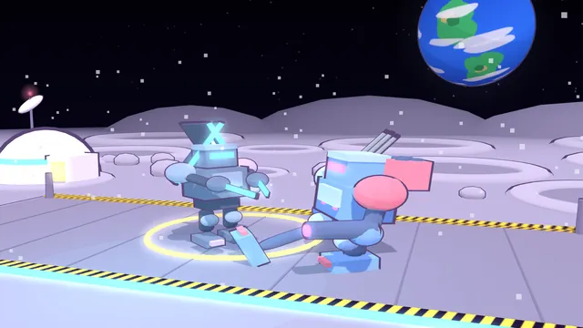 Two mechs on a lunar landing pad with the Earth in the sky