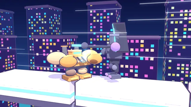 Two mechs on the roof of a speeding train at night