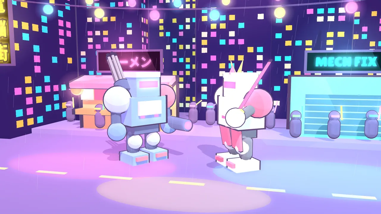 KAGE-07 squares up to SHIRA on a rainy street of food stalls, under neon signs and a crowd.