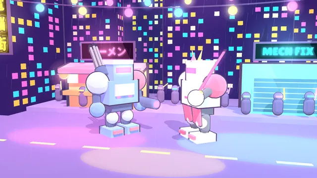 Two mechs face off on a rainy street of food stalls under paper lanterns