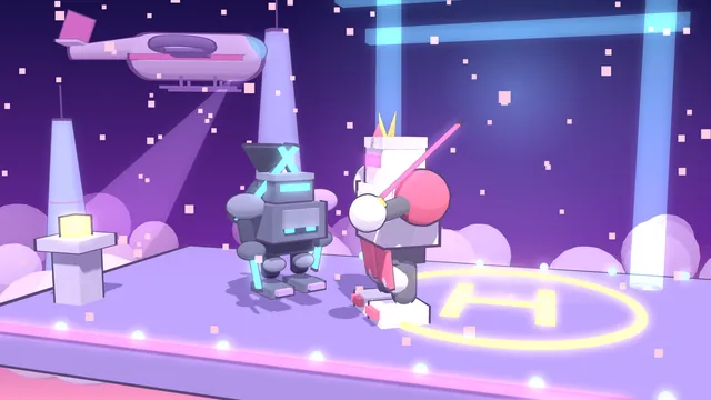 Two mechs on a helipad shrine above the clouds