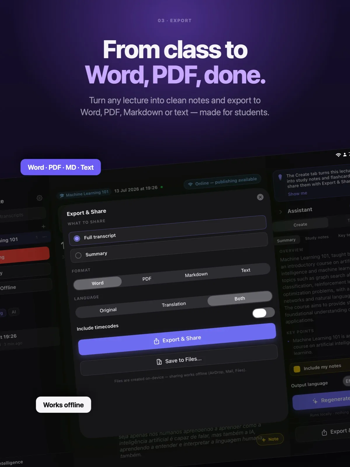 PressNote on iPad — From class to Word, PDF, done: turn any lecture into clean notes and export to Word, PDF, Markdown or text.